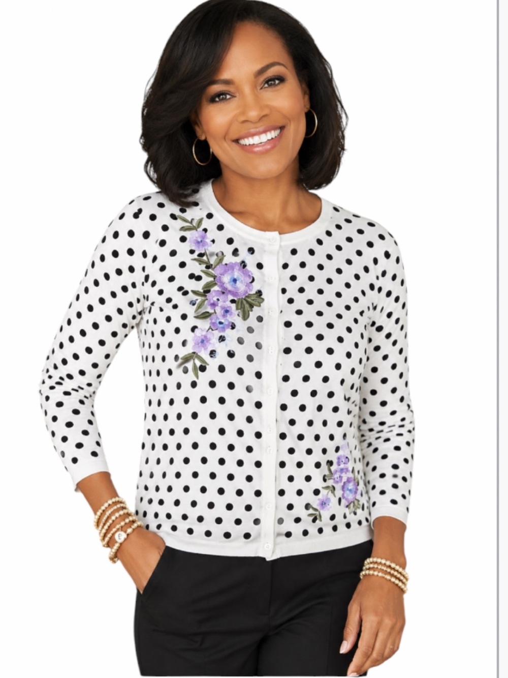 RSVP Talbots Women’s Black & White Polka Dot Floral Cardigan Sweater 3/4 Length